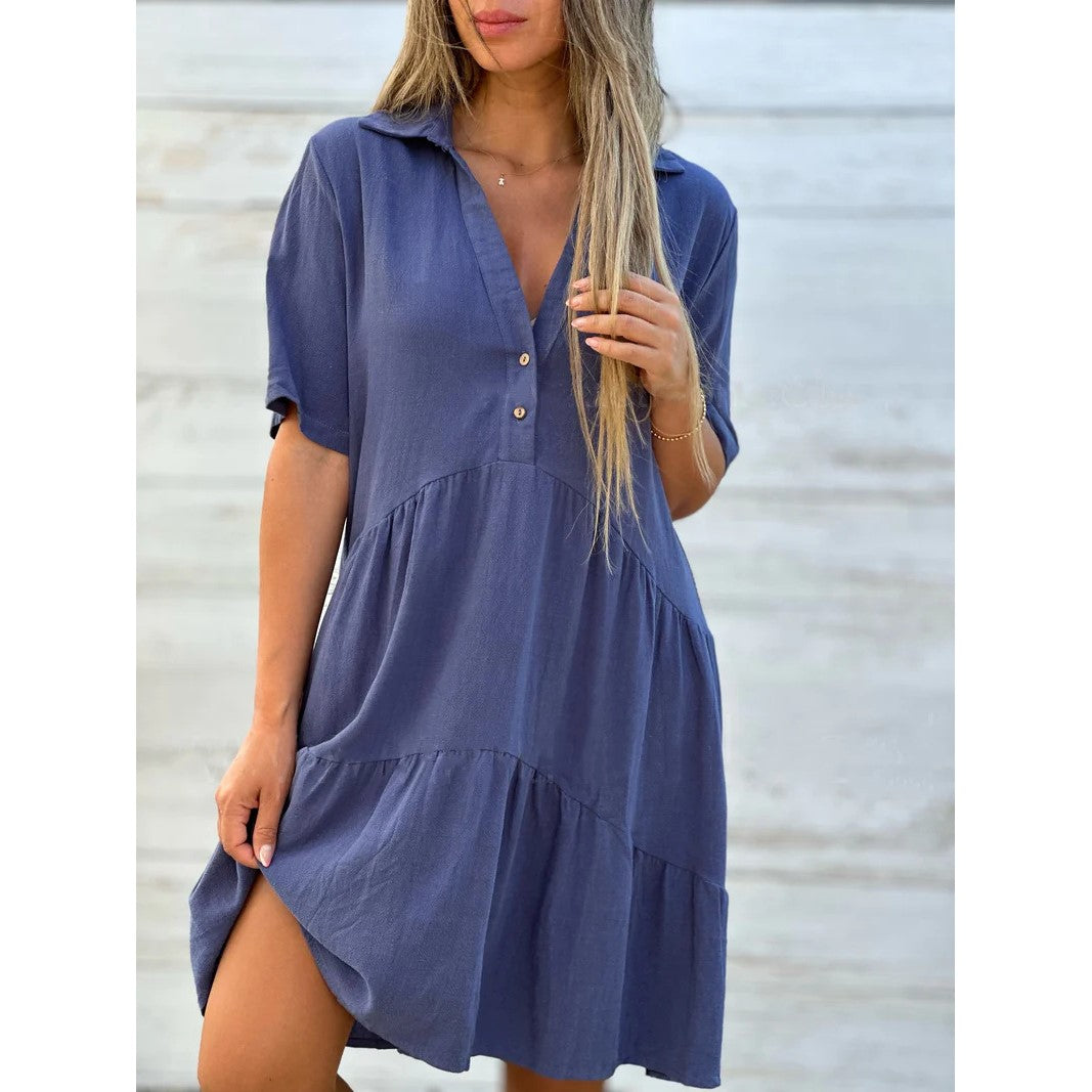 Robe à boutons de couleur unie à revers confortable