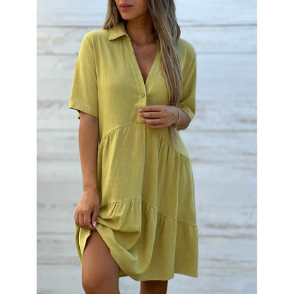 Robe à boutons de couleur unie à revers confortable