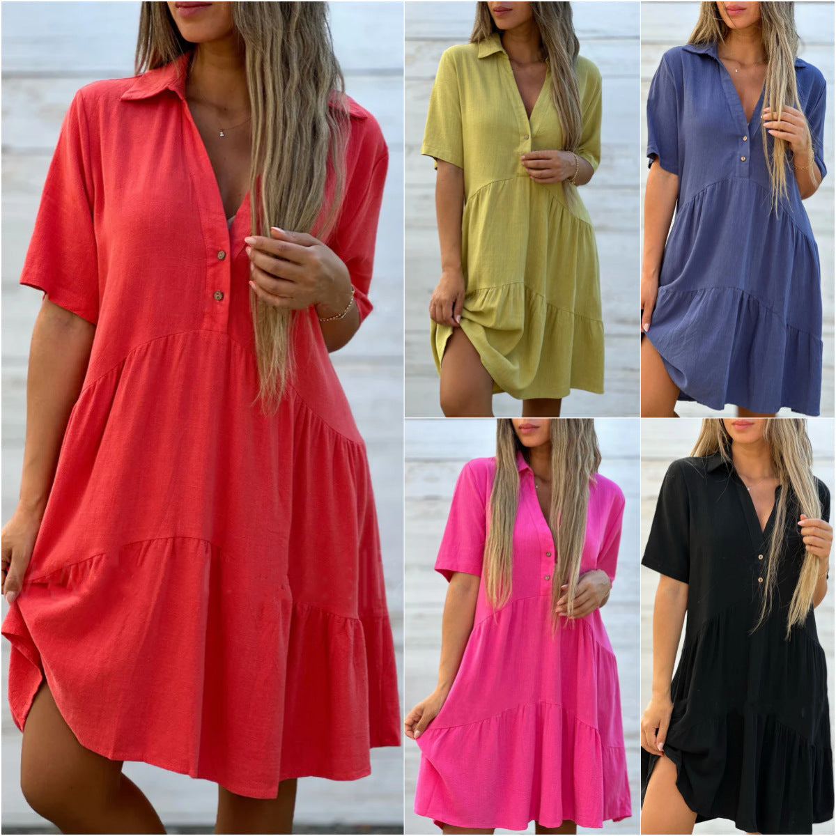 Robe à boutons de couleur unie à revers confortable