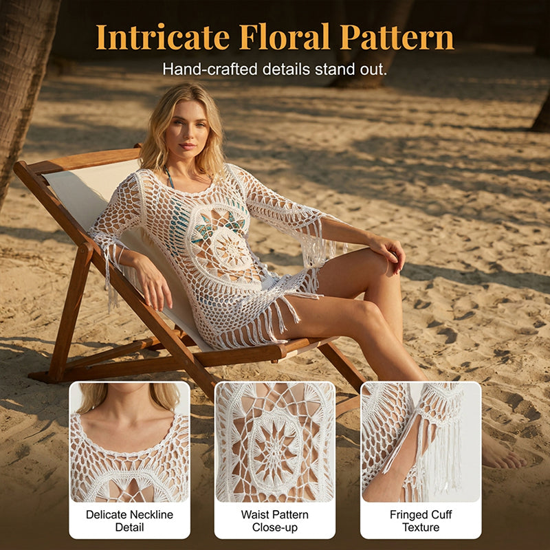 👗 50% DE RÉDUCTION ! ✨ Paréo de plage bohème au crochet avec des pompons – Crochet ajouré raffiné, silhouette fluide et franges ludiques 🌊