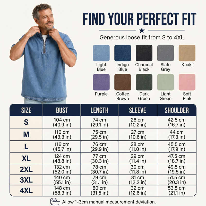 ⌛ Offre valable jusqu'à épuisement des stocks – ensuite prix normal ! T-shirt vintage en denim à demi-zip pour homme