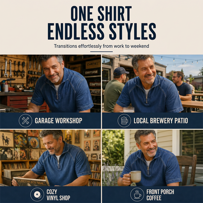 ⌛ Offre valable jusqu'à épuisement des stocks – ensuite prix normal ! T-shirt vintage en denim à demi-zip pour homme