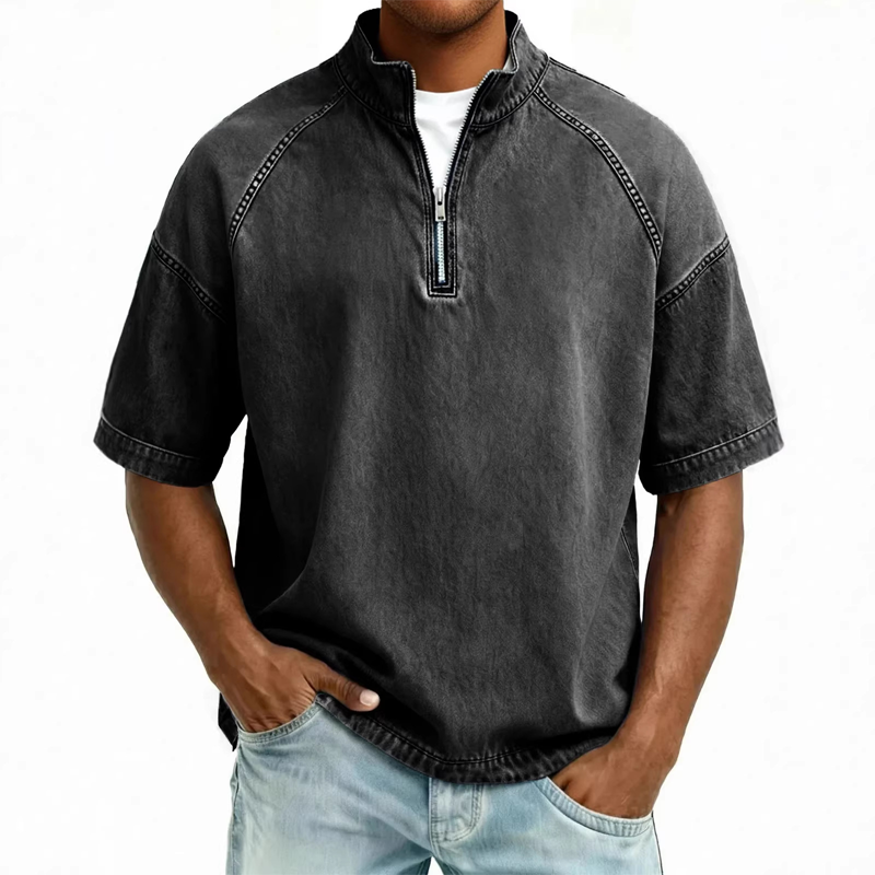 ⌛ Offre valable jusqu'à épuisement des stocks – ensuite prix normal ! T-shirt vintage en denim à demi-zip pour homme