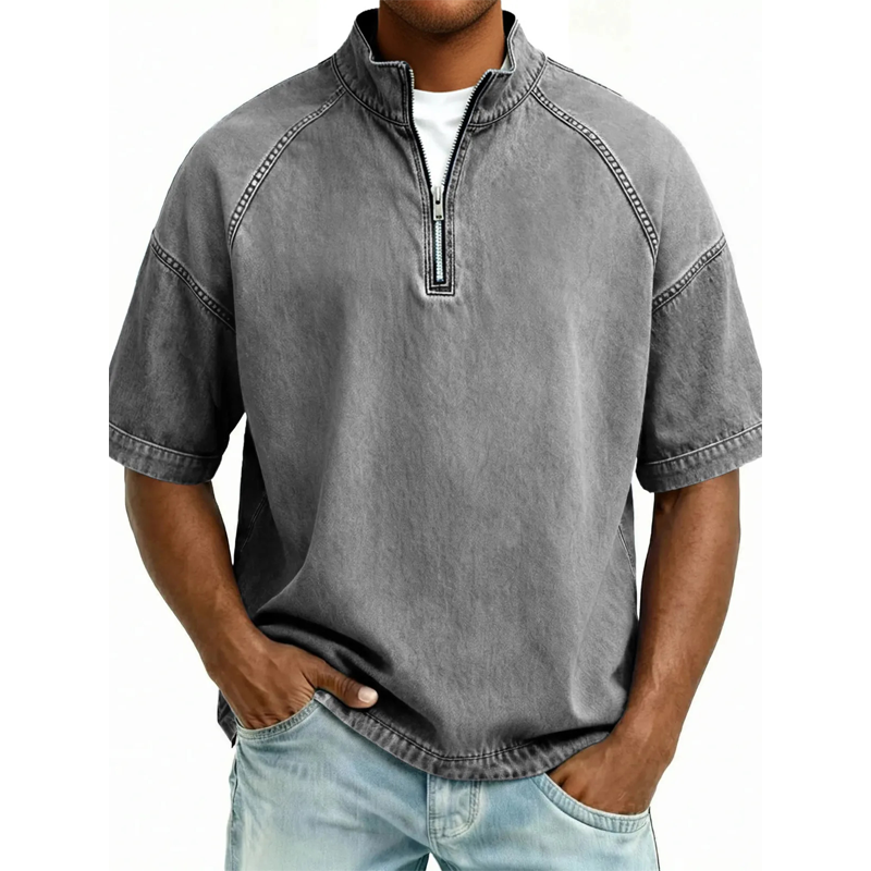 ⌛ Offre valable jusqu'à épuisement des stocks – ensuite prix normal ! T-shirt vintage en denim à demi-zip pour homme
