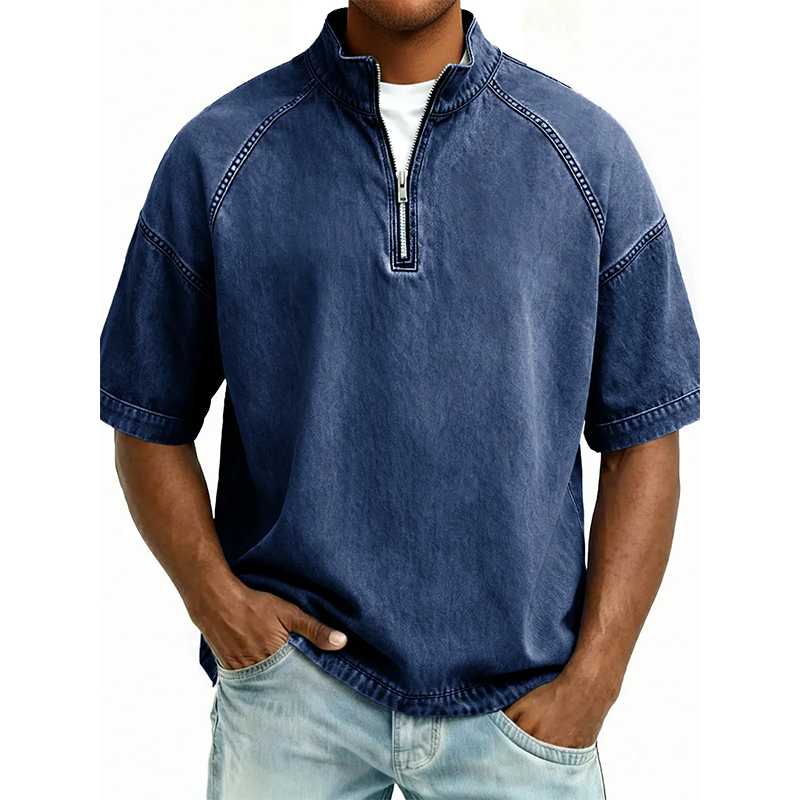 ⌛ Offre valable jusqu'à épuisement des stocks – ensuite prix normal ! T-shirt vintage en denim à demi-zip pour homme