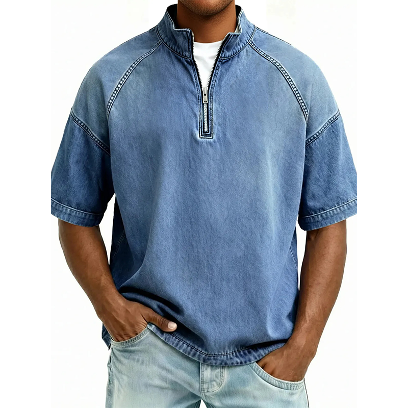 ⌛ Offre valable jusqu'à épuisement des stocks – ensuite prix normal ! T-shirt vintage en denim à demi-zip pour homme