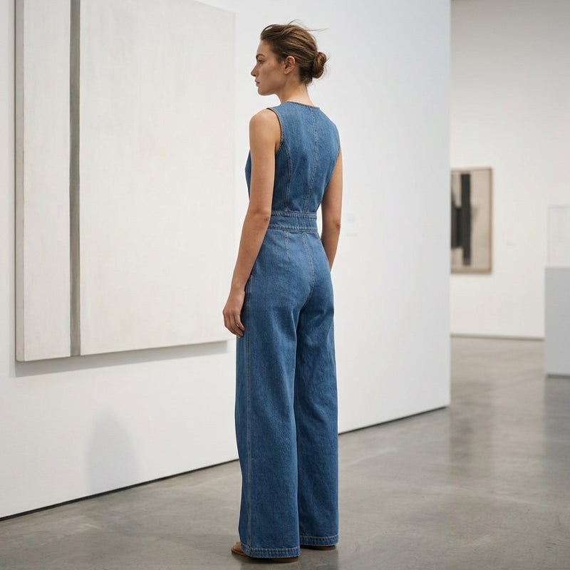 ⌛ Offre à durée limitée – Combinaison-pantalon portefeuille asymétrique en jean sans manches pour femme