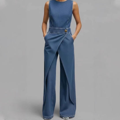 ⌛ Offre à durée limitée – Combinaison-pantalon portefeuille asymétrique en jean sans manches pour femme