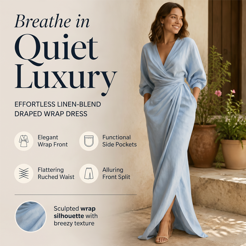 Robe longue élégante à col en V et coupe enveloppante pour femme
