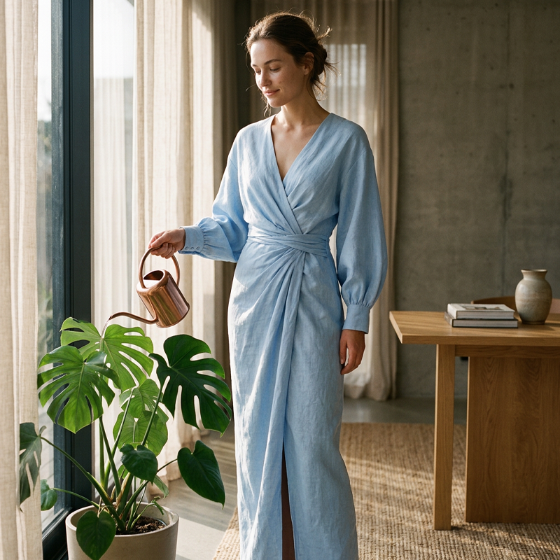 Robe longue élégante à col en V et coupe enveloppante pour femme