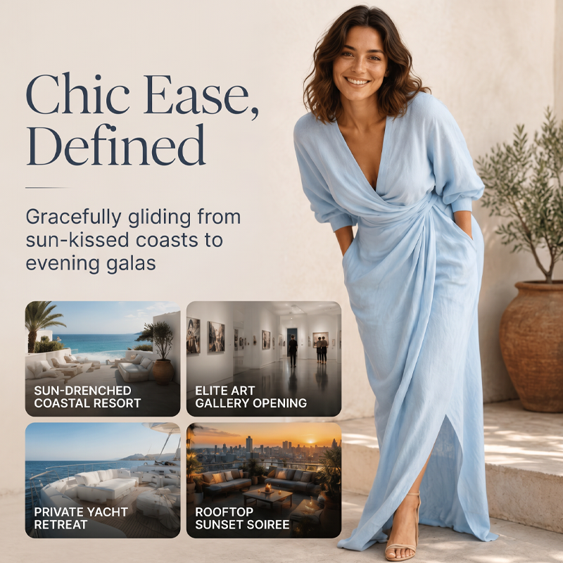 Robe longue élégante à col en V et coupe enveloppante pour femme