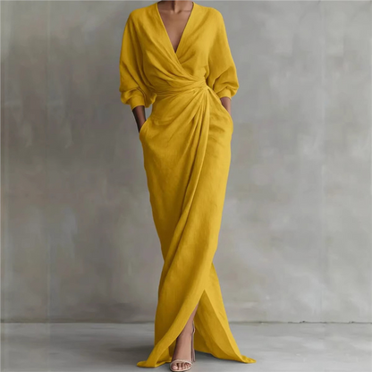 Robe longue élégante à col en V et coupe enveloppante pour femme