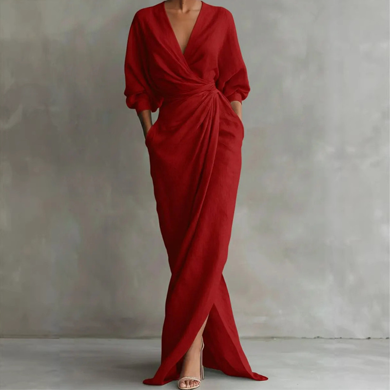 Robe longue élégante à col en V et coupe enveloppante pour femme