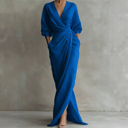 Robe longue élégante à col en V et coupe enveloppante pour femme