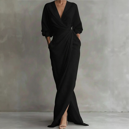 Robe longue élégante à col en V et coupe enveloppante pour femme