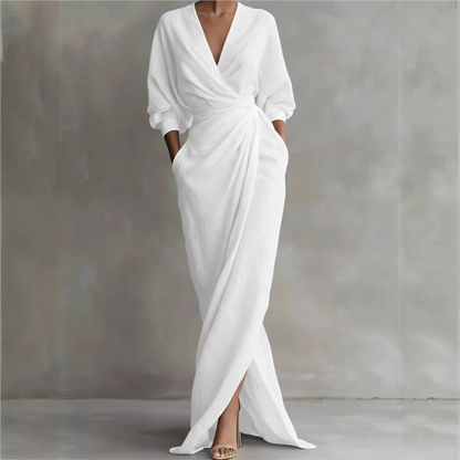 Robe longue élégante à col en V et coupe enveloppante pour femme