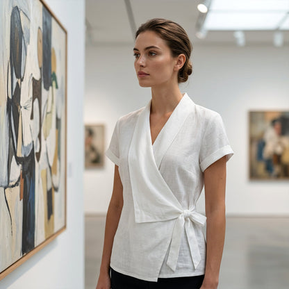 Haut à manches courtes, col en V et taille nouée pour femme