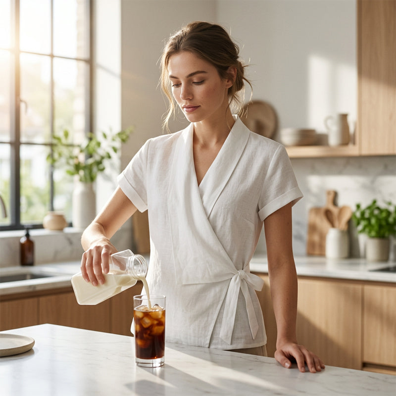 Haut à manches courtes, col en V et taille nouée pour femme