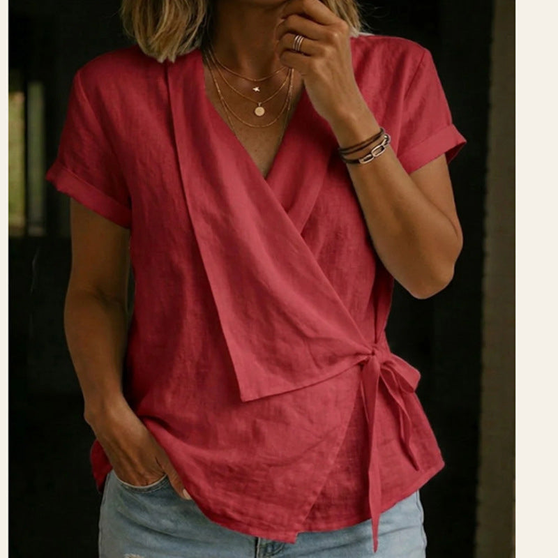 Haut à manches courtes, col en V et taille nouée pour femme