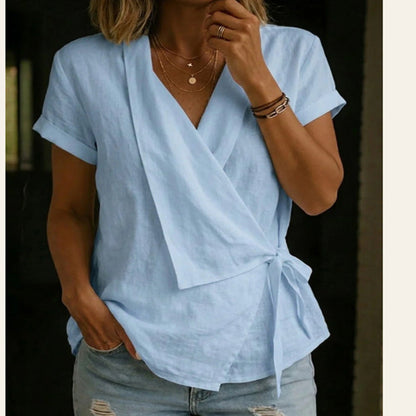 Haut à manches courtes, col en V et taille nouée pour femme