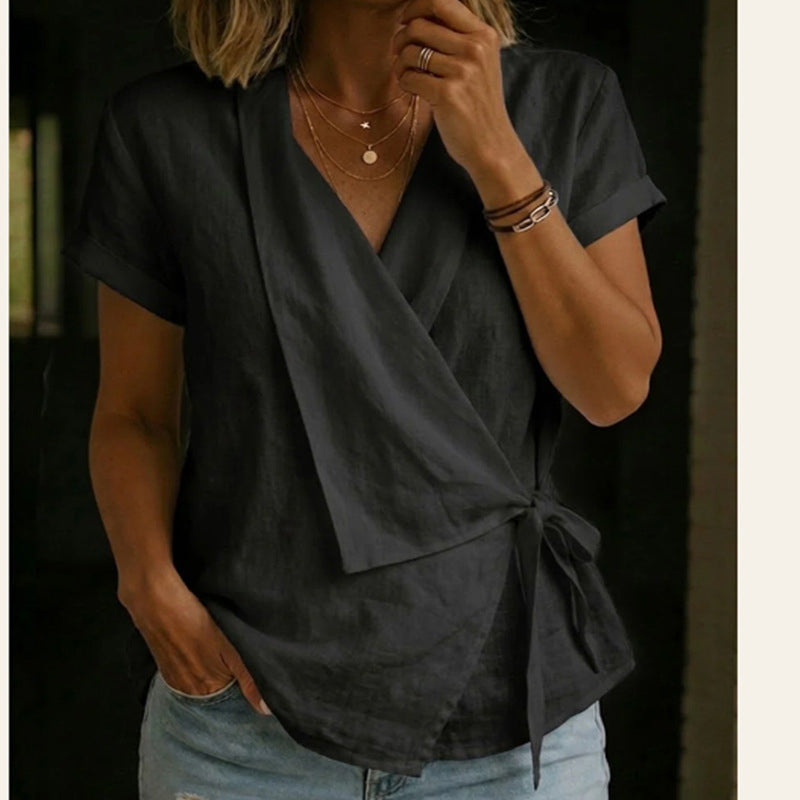 Haut à manches courtes, col en V et taille nouée pour femme