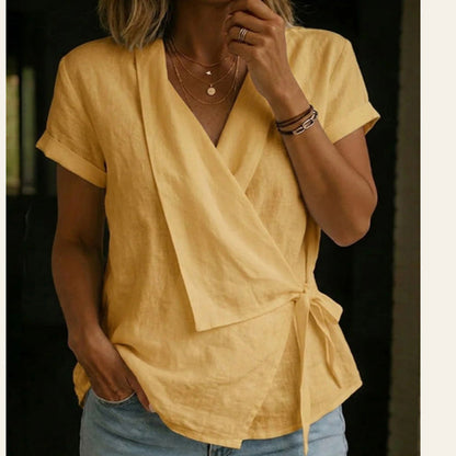 Haut à manches courtes, col en V et taille nouée pour femme