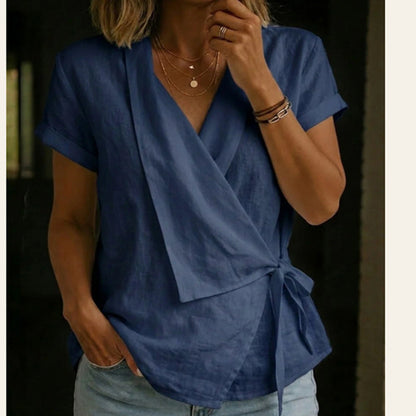Haut à manches courtes, col en V et taille nouée pour femme