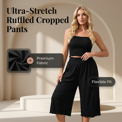 👖🌸 PROMO FLASH 50% ! Pantanon Court Femme Jambes Larges à Volants – Ultra-Extensible, Taille Élastique, Tissu Respirant, Tailles S-3XL, Idéal Été & Quotidien ✨