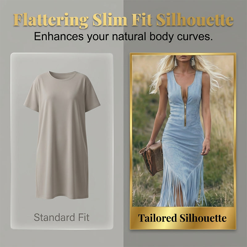 🤠 PROMO LIMITÉE 50% DE RÉDUCTION ! ✨ Robe Slim Western à Franges – Sans Manches, Fermeture Éclair, Style Cowgirl 🌵