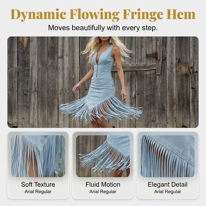 🤠 PROMO LIMITÉE 50% DE RÉDUCTION ! ✨ Robe Slim Western à Franges – Sans Manches, Fermeture Éclair, Style Cowgirl 🌵