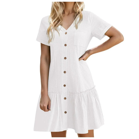 Robe à nouer pour femme, robe d'été ample en coton et lin, avec ourlet à volants, robe décontractée à manches courtes