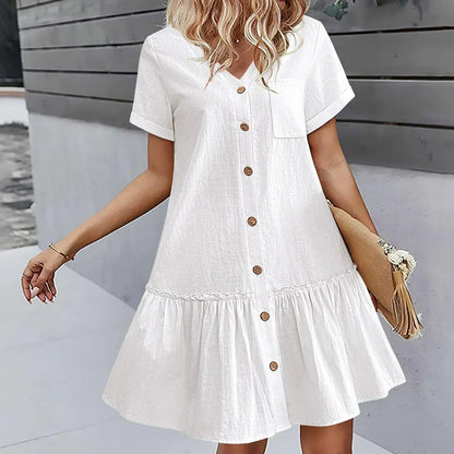 Robe à nouer pour femme, robe d'été ample en coton et lin, avec ourlet à volants, robe décontractée à manches courtes