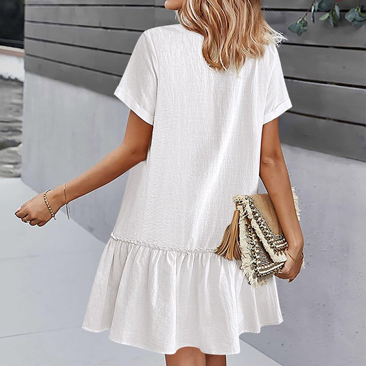 Robe à nouer pour femme, robe d'été ample en coton et lin, avec ourlet à volants, robe décontractée à manches courtes