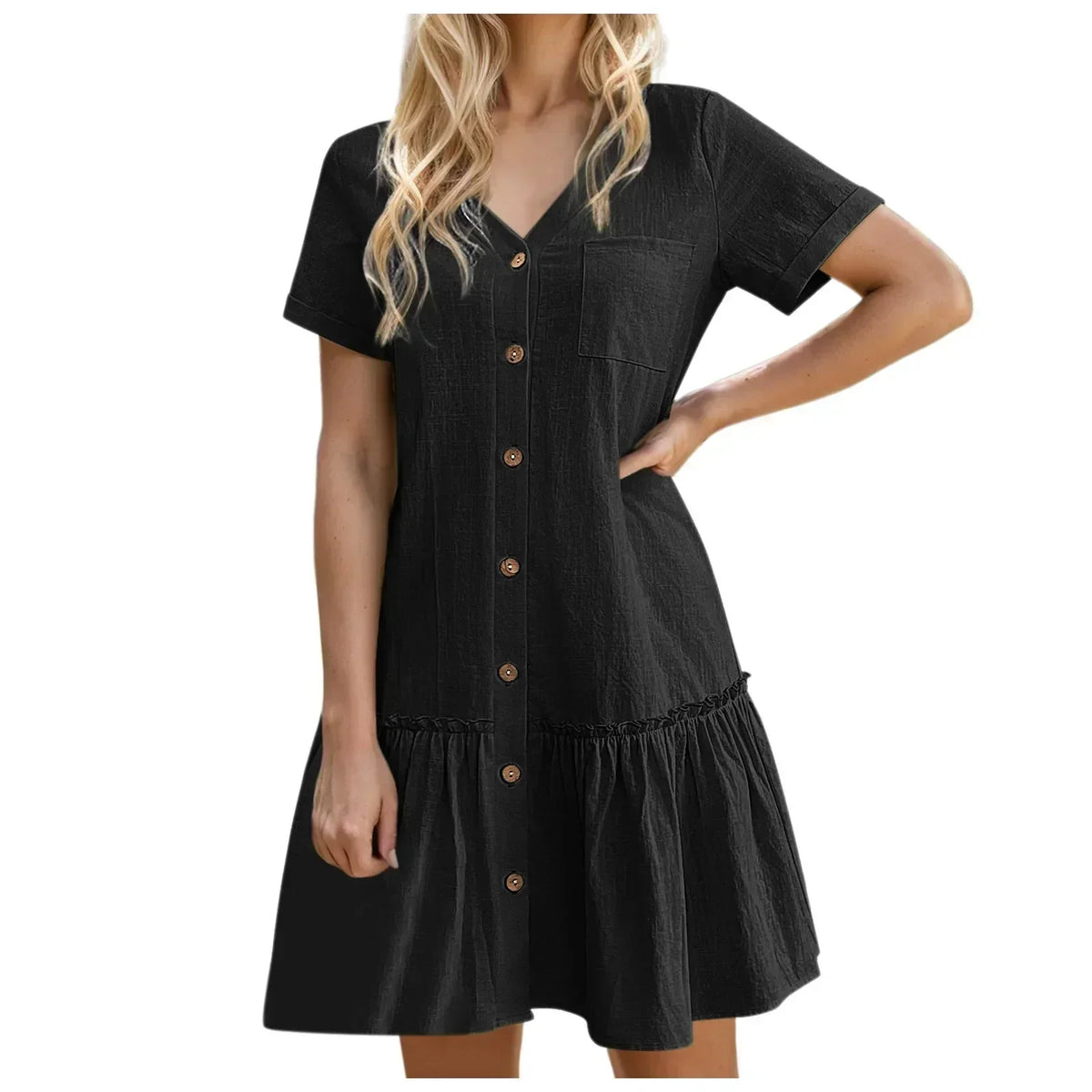 Robe à nouer pour femme, robe d'été ample en coton et lin, avec ourlet à volants, robe décontractée à manches courtes