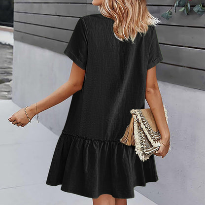 Robe à nouer pour femme, robe d'été ample en coton et lin, avec ourlet à volants, robe décontractée à manches courtes