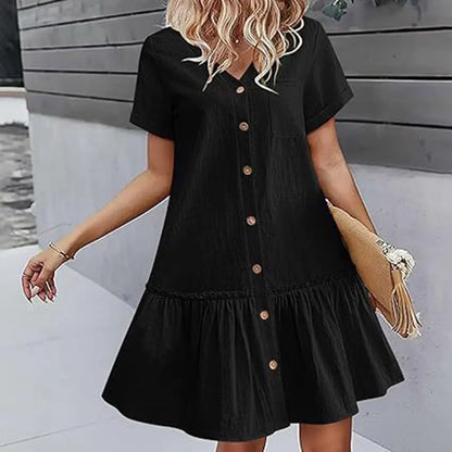 Robe à nouer pour femme, robe d'été ample en coton et lin, avec ourlet à volants, robe décontractée à manches courtes