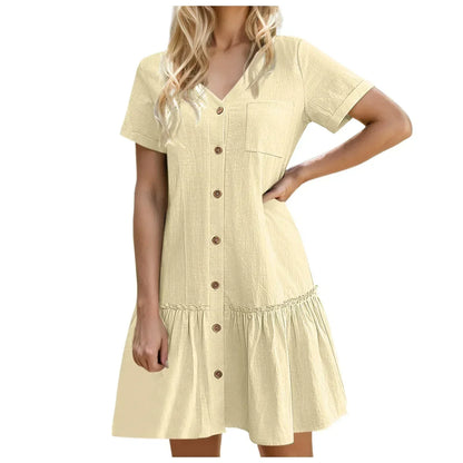 Robe à nouer pour femme, robe d'été ample en coton et lin, avec ourlet à volants, robe décontractée à manches courtes