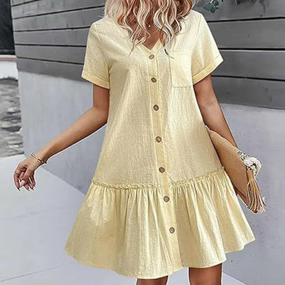 Robe à nouer pour femme, robe d'été ample en coton et lin, avec ourlet à volants, robe décontractée à manches courtes