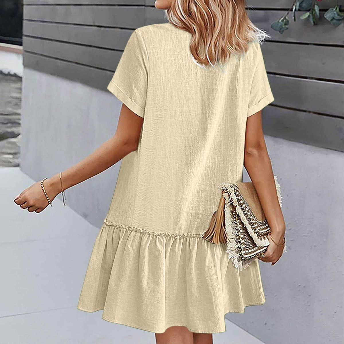 Robe à nouer pour femme, robe d'été ample en coton et lin, avec ourlet à volants, robe décontractée à manches courtes