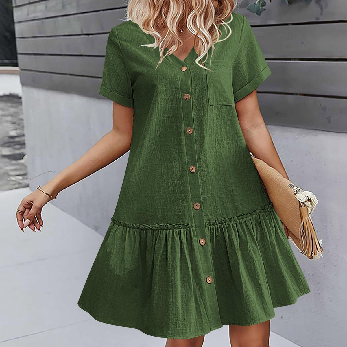Robe à nouer pour femme, robe d'été ample en coton et lin, avec ourlet à volants, robe décontractée à manches courtes