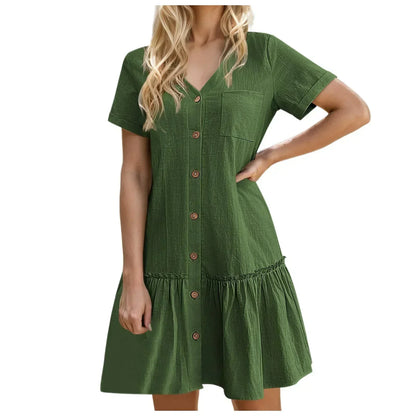 Robe à nouer pour femme, robe d'été ample en coton et lin, avec ourlet à volants, robe décontractée à manches courtes
