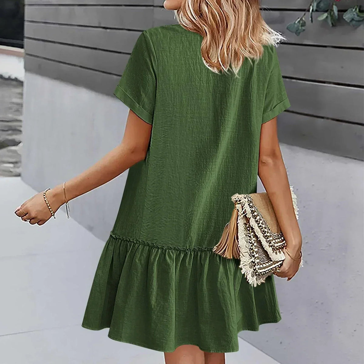 Robe à nouer pour femme, robe d'été ample en coton et lin, avec ourlet à volants, robe décontractée à manches courtes