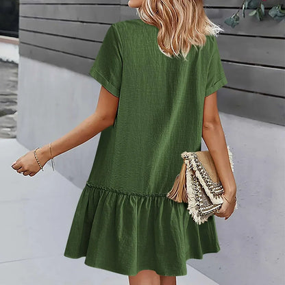 Robe à nouer pour femme, robe d'été ample en coton et lin, avec ourlet à volants, robe décontractée à manches courtes