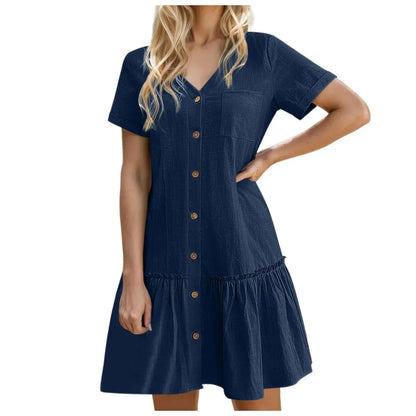 Robe à nouer pour femme, robe d'été ample en coton et lin, avec ourlet à volants, robe décontractée à manches courtes