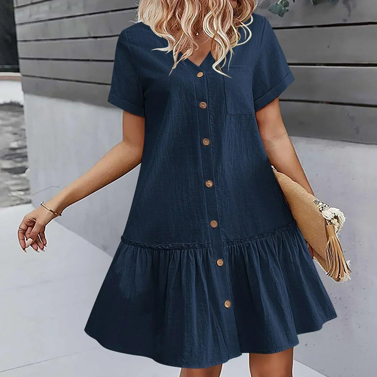 Robe à nouer pour femme, robe d'été ample en coton et lin, avec ourlet à volants, robe décontractée à manches courtes