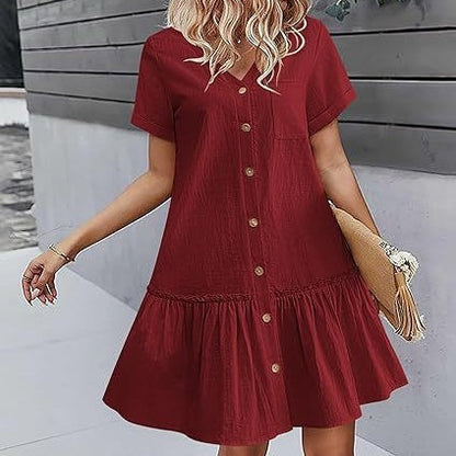 Robe à nouer pour femme, robe d'été ample en coton et lin, avec ourlet à volants, robe décontractée à manches courtes