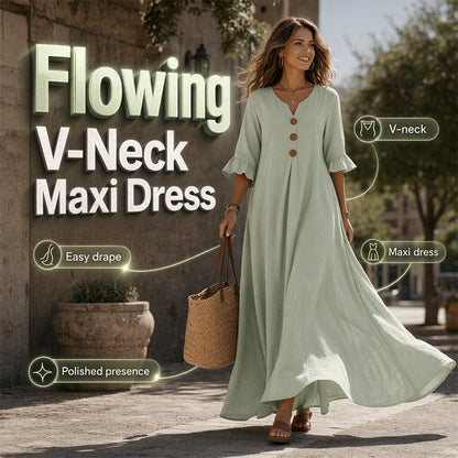 👗🌿 PROMO FLASH 50% ! Robe Longue Ample Femme Col V – Fluide, Légère, Coupe Confort, 2 Coloris, Tailles S-5XL, Idéale Été & Vacances ✨