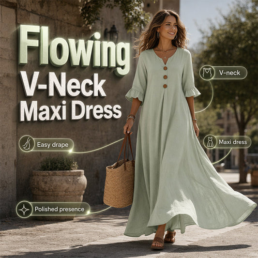 👗🌿 PROMO FLASH 50% ! Robe Longue Ample Femme Col V – Fluide, Légère, Coupe Confort, 2 Coloris, Tailles S-5XL, Idéale Été & Vacances ✨