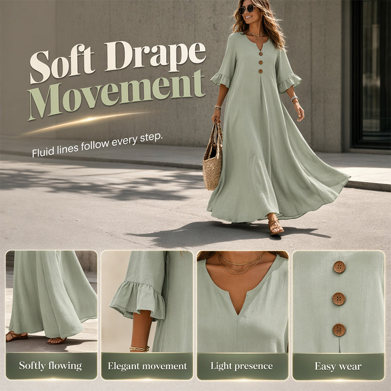 👗🌿 PROMO FLASH 50% ! Robe Longue Ample Femme Col V – Fluide, Légère, Coupe Confort, 2 Coloris, Tailles S-5XL, Idéale Été & Vacances ✨