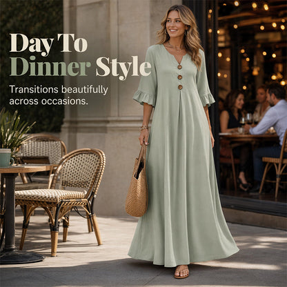 👗🌿 PROMO FLASH 50% ! Robe Longue Ample Femme Col V – Fluide, Légère, Coupe Confort, 2 Coloris, Tailles S-5XL, Idéale Été & Vacances ✨